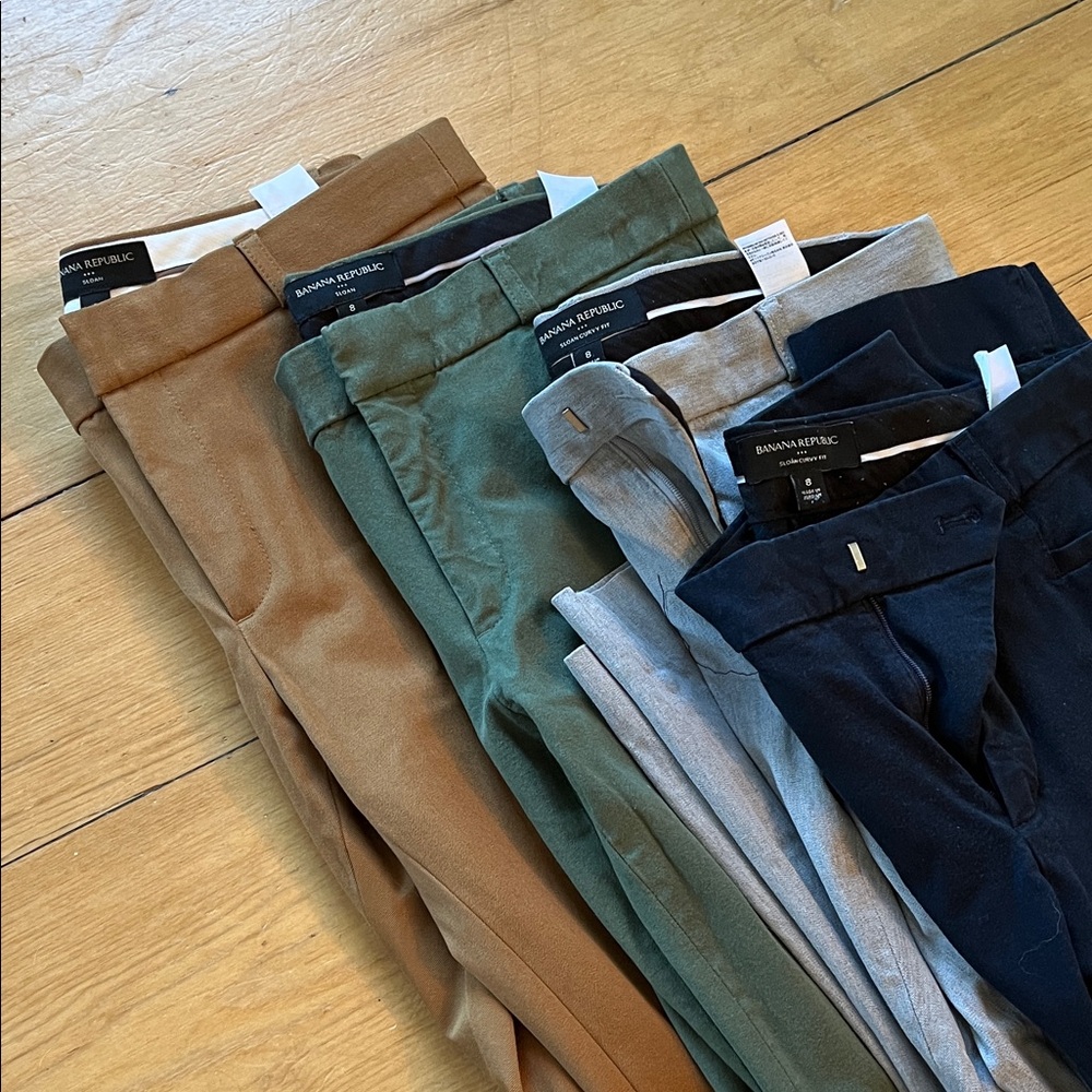 Banana Republic Sloan pants - four pairs: light gray, tan, green and navy